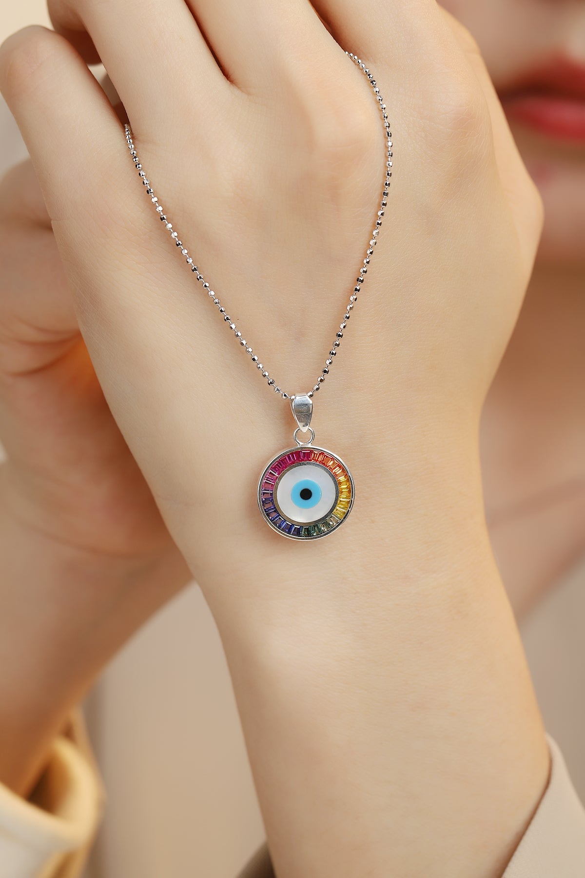 قلادة ANSTER Jewelry Princess Lab Grown Rainbow Eye مطلية بـ S925