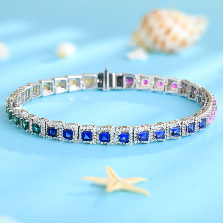 سوار تنس من حجر قوس قزح مرصع بأحجار كريمة من صف واحد، مزروع في مختبر التنس