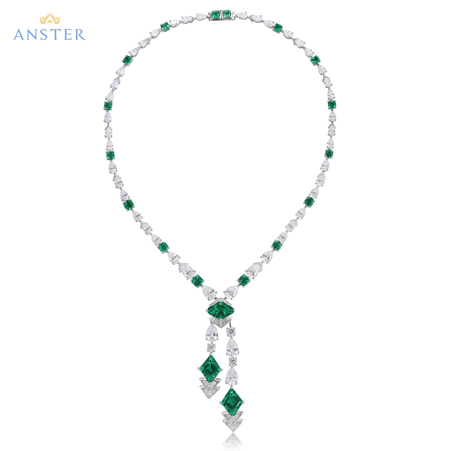 ANSTER JEWELRY Lab Emerald Lab Grown Gemstone 18K Gold Necklace Jewelry sets