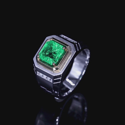 خاتم رجالي مطلي بحجر الزمرد المزروع في المختبر من Asscher، وزنه 2.37 قيراط، مصنوع من مادة S925