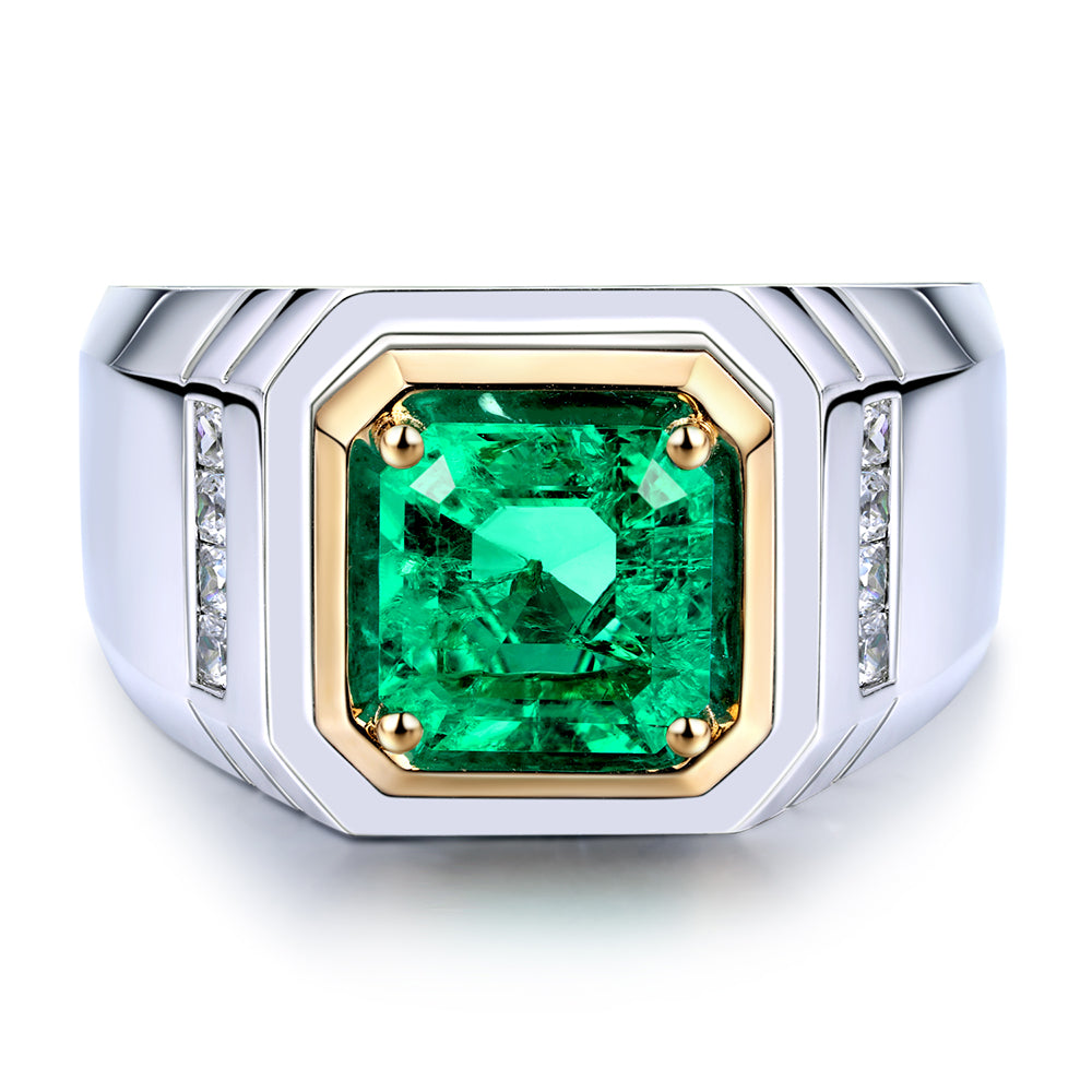 خاتم رجالي مطلي بحجر الزمرد المزروع في المختبر من Asscher، وزنه 2.37 قيراط، مصنوع من مادة S925