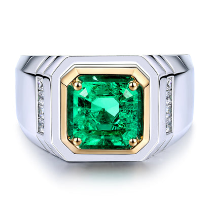 خاتم رجالي مطلي بحجر الزمرد المزروع في المختبر من Asscher، وزنه 2.37 قيراط، مصنوع من مادة S925