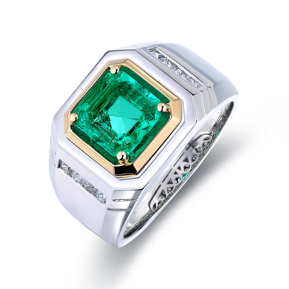 خاتم رجالي مطلي بحجر الزمرد المزروع في المختبر من Asscher، وزنه 2.37 قيراط، مصنوع من مادة S925