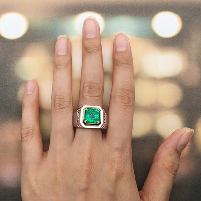 خاتم رجالي مطلي بحجر الزمرد المزروع في المختبر من Asscher، وزنه 2.37 قيراط، مصنوع من مادة S925