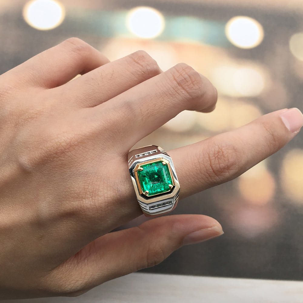 خاتم رجالي مطلي بحجر الزمرد المزروع في المختبر من Asscher، وزنه 2.37 قيراط، مصنوع من مادة S925