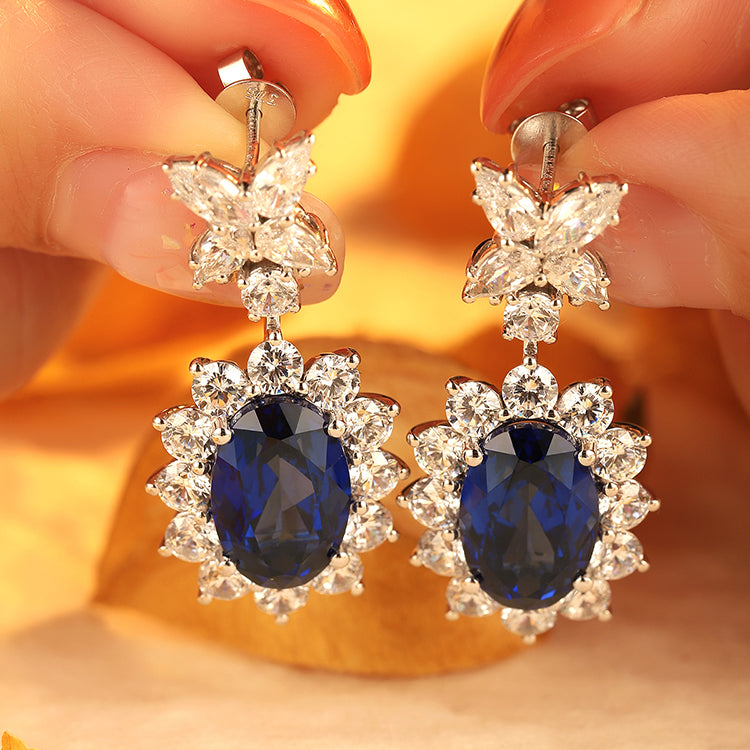 ANSTER JEWELRY 8.7 CTW Oval Lab Grown Sapphire 925 Silver Earrings plated