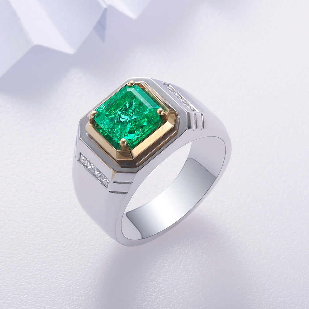 خاتم رجالي مطلي بحجر الزمرد المزروع في المختبر من Asscher، وزنه 2.37 قيراط، مصنوع من مادة S925