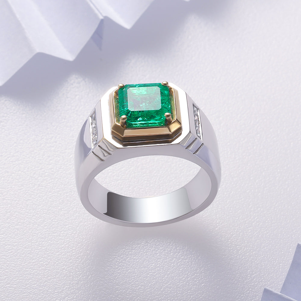 خاتم رجالي مطلي بحجر الزمرد المزروع في المختبر من Asscher، وزنه 2.37 قيراط، مصنوع من مادة S925