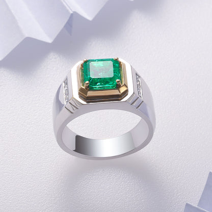 خاتم رجالي مطلي بحجر الزمرد المزروع في المختبر من Asscher، وزنه 2.37 قيراط، مصنوع من مادة S925
