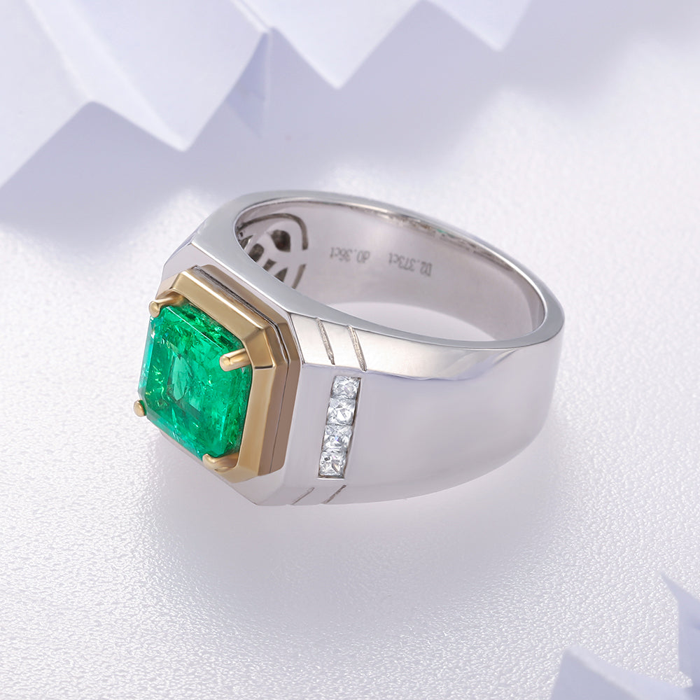 خاتم رجالي مطلي بحجر الزمرد المزروع في المختبر من Asscher، وزنه 2.37 قيراط، مصنوع من مادة S925